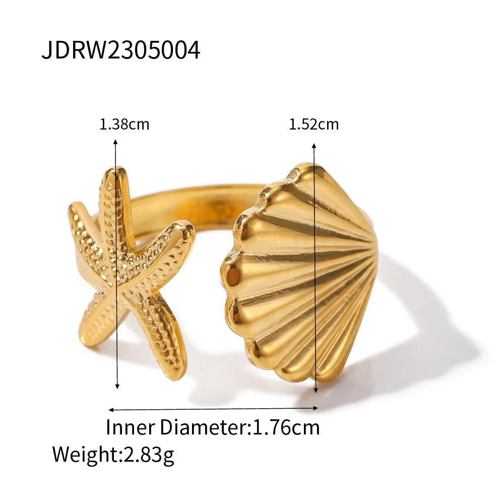 Uworld Vacation Ocean Wind 18K Gold Color Plated Stainless Steel Hollow Shell Ring Starfish Coral Stackable Ring Women's Accesso