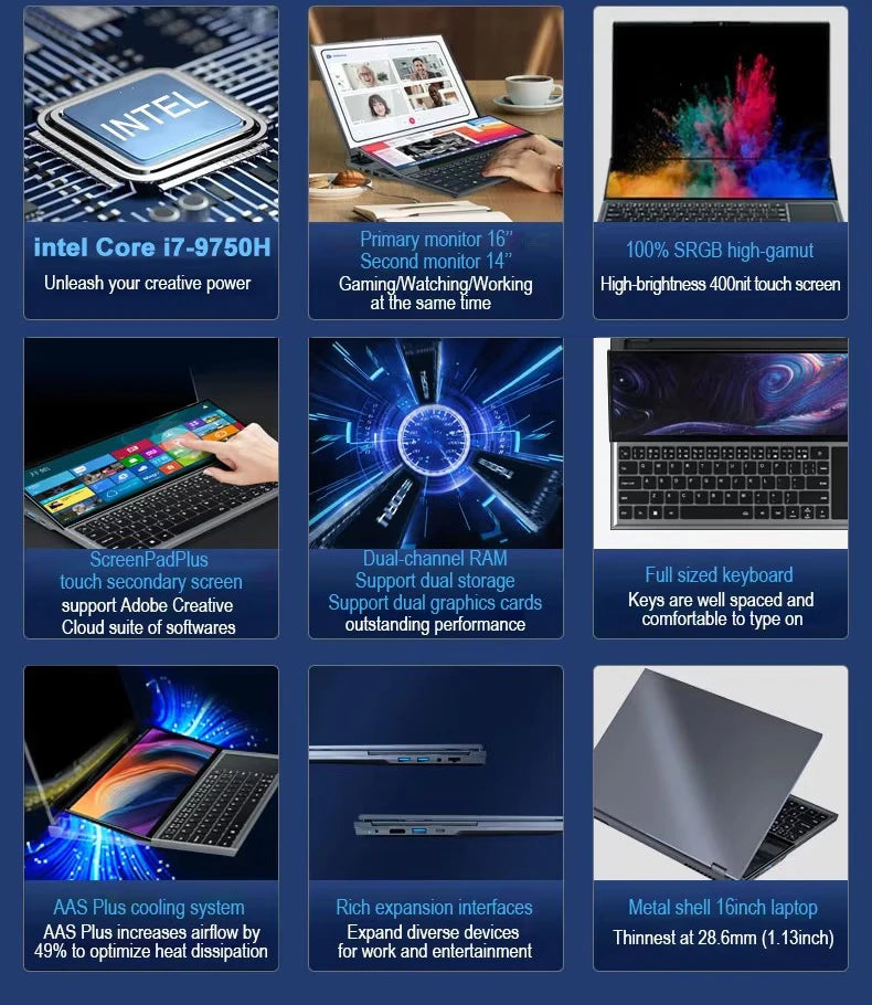 Original 16 Inch +14 Inch Two Screen 64Gb Ram Win11 Pro Intel Core I7 9th Gen I7-9750H Dual Touch Screen Office Laptop