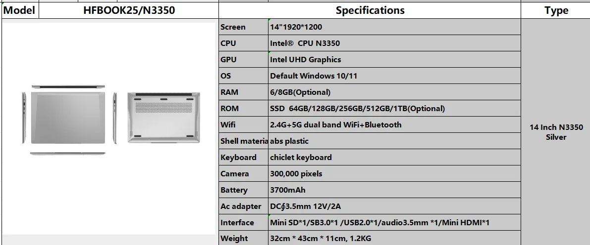 Chinese Customized New Intel 14-Inch N3350 Lightweight Business Laptop with Camera EU Plug & English Keyboard