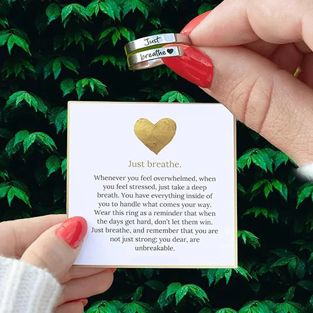 Just Breathe Heart Ring for Women Men, Stainless Steel Spiral Wrap Healing Rings, Inspirational Heart felt Gifts with Box