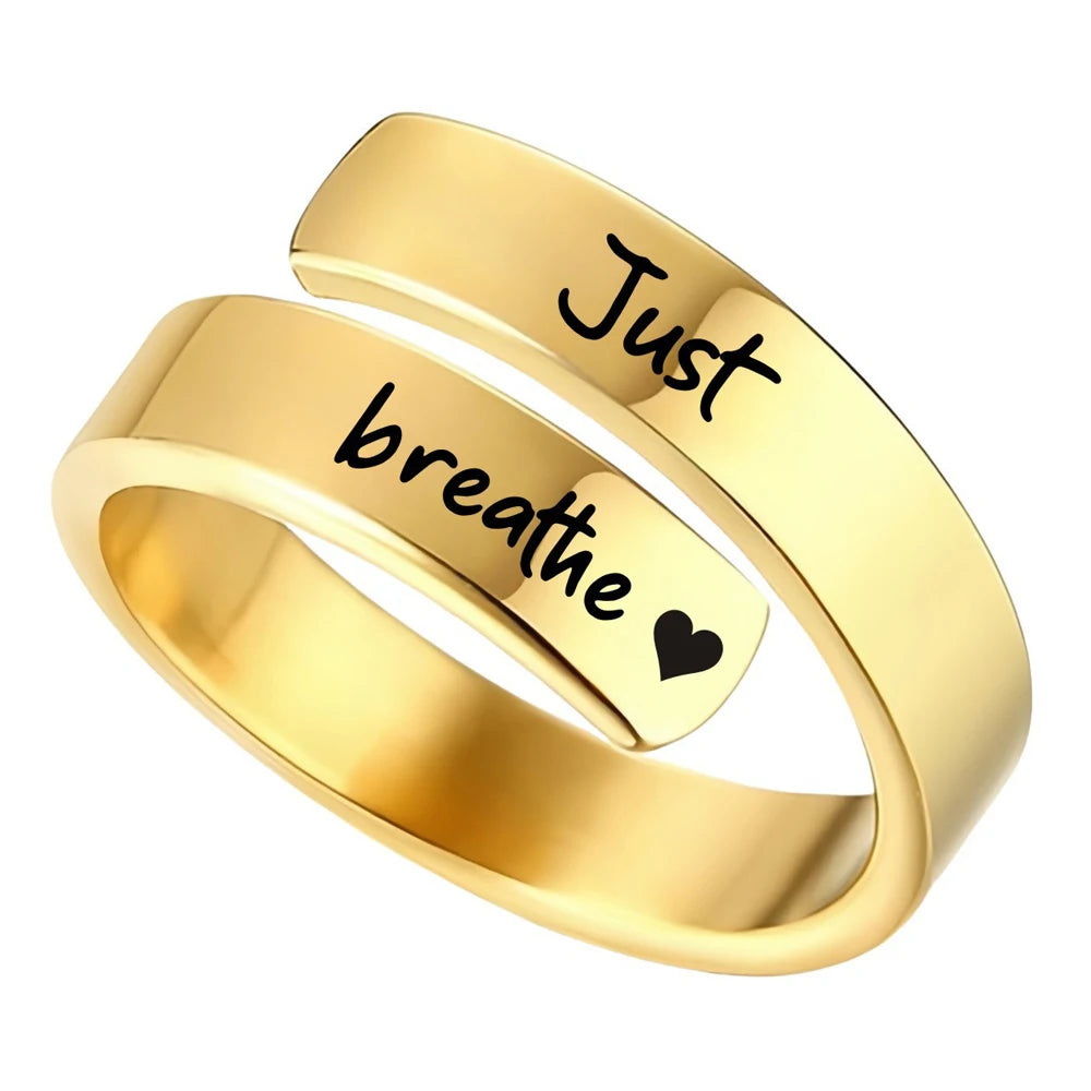Just Breathe Heart Ring for Women Men, Stainless Steel Spiral Wrap Healing Rings, Inspirational Heart felt Gifts with Box