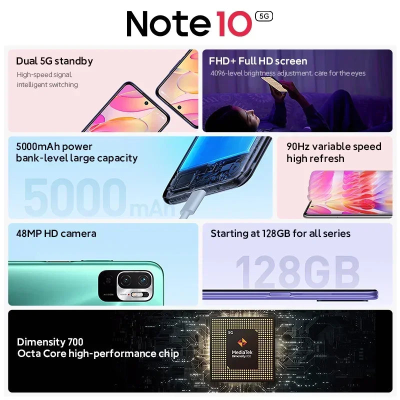 Xiaomi Redmi Note 10 128GB 256GB 5G Smartphone 7nm Dimensity 700 6.5 Inch Display 48MP Camera 5000mAh Mobile Phones Global ROM