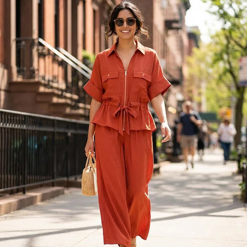 Willshela Women Fashion 2 Piece Set Solid Front Zipper Shirts & Vintage High Elastic Waist Trousers Feamle Chic Lady Pants Sets