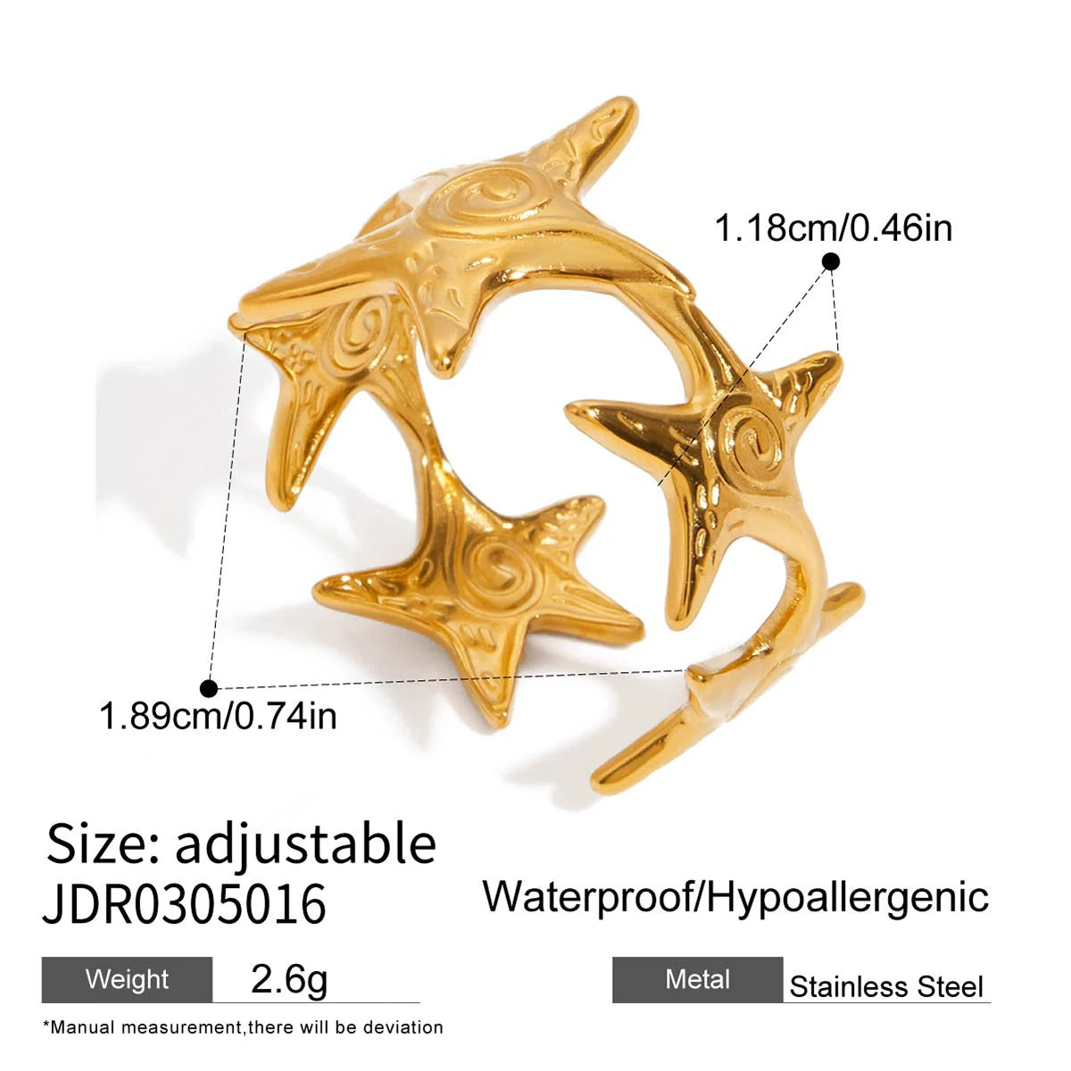 Uworld Vacation Ocean Wind 18K Gold Color Plated Stainless Steel Hollow Shell Ring Starfish Coral Stackable Ring Women's Accesso