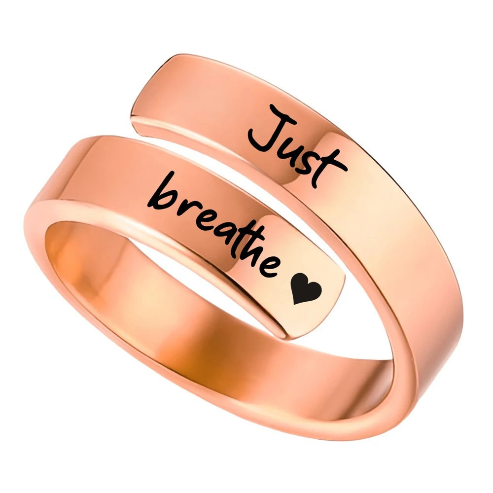 Just Breathe Heart Ring for Women Men, Stainless Steel Spiral Wrap Healing Rings, Inspirational Heart felt Gifts with Box