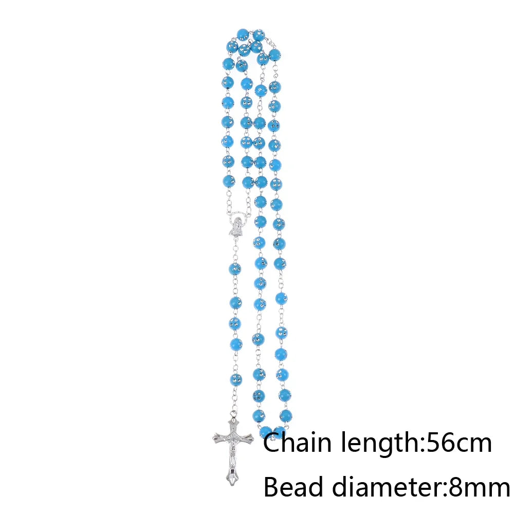 New Fashion Handmade Round Glass Bead Catholic Rosary Quality Bead Cross Necklace Beads Cross Religious Pendants Necklace