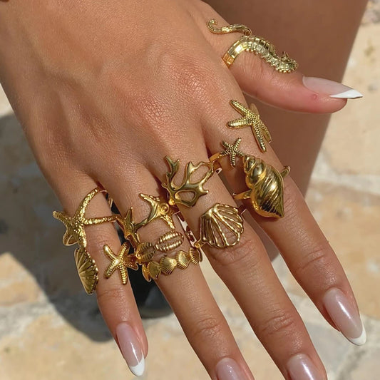 Uworld Vacation Ocean Wind 18K Gold Color Plated Stainless Steel Hollow Shell Ring Starfish Coral Stackable Ring Women's Accesso