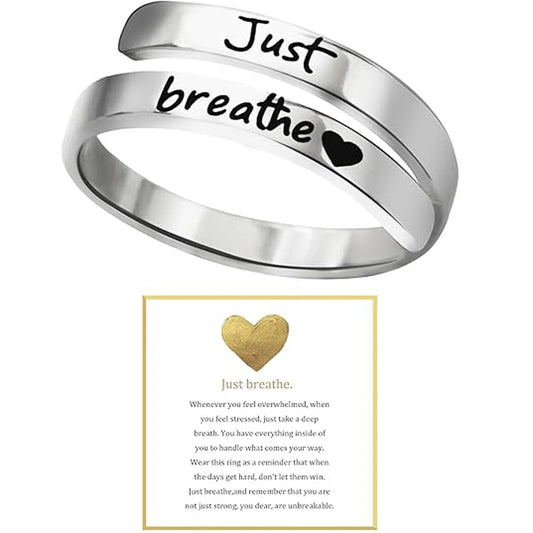Just Breathe Heart Ring for Women Men, Stainless Steel Spiral Wrap Healing Rings, Inspirational Heart felt Gifts with Box
