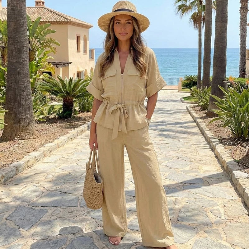 Willshela Women Fashion 2 Piece Set Solid Front Zipper Shirts & Vintage High Elastic Waist Trousers Feamle Chic Lady Pants Sets