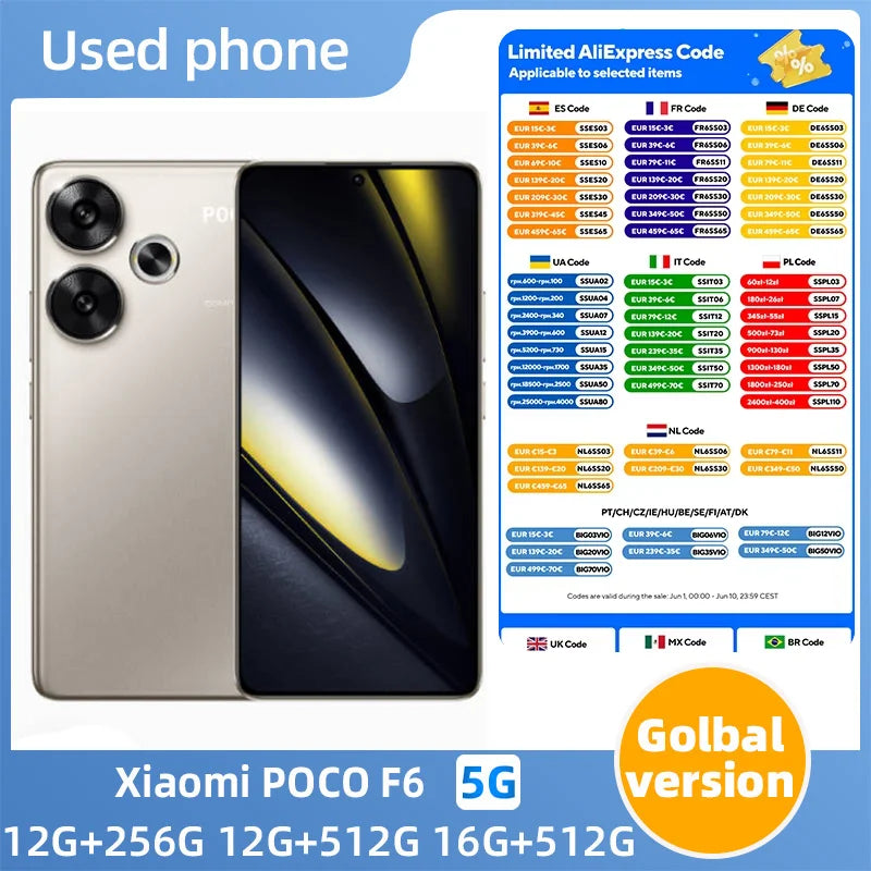 Xiaomi POCO F6  5g Android SmartPhone 6.67-Inches Screen 2712x1220 Pixel 256GB ROM 50MP Camera Original Used Phone