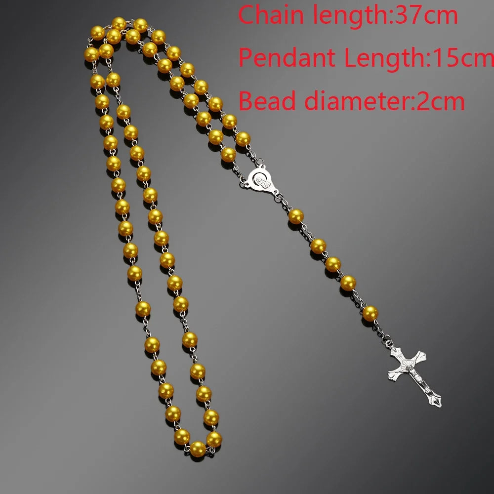 New Fashion Handmade Round Glass Bead Catholic Rosary Quality Bead Cross Necklace Beads Cross Religious Pendants Necklace